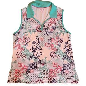 Lillie Green Womans Sleeveless Print Golf Polo Shirt Large